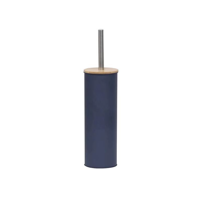 ESCOBILLERO CON SOPORTE DE METAL  + TAPA DE BAMBÚ - AZUL MARINO