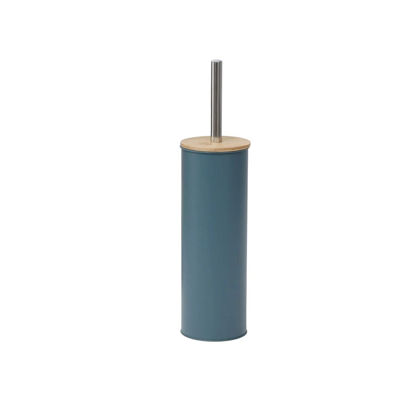 ESCOBILLERO CON SOPORTE DE METAL  + TAPA DE BAMBÚ - AZUL IMPERIAL