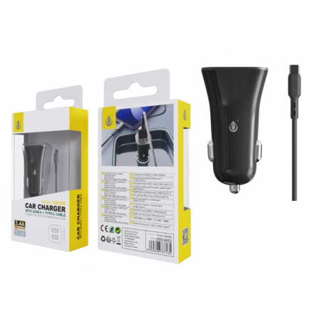 CARGADOR DE MECHERO CON CABLE TIPO C - NEGRO
