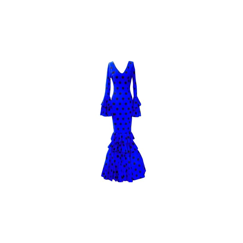 VESTIDO DE FLAMENCA AZUL CON LUNARES NEGROS