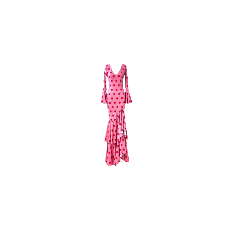 VESTIDO DE FLAMENCA ROSA CON LUNARES ROJOS
