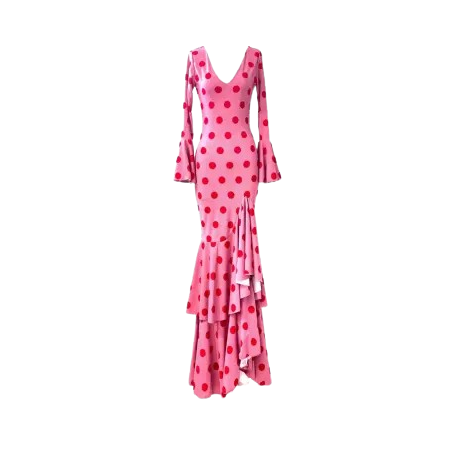 VESTIDO DE FLAMENCA ROSA CON LUNARES ROJOS