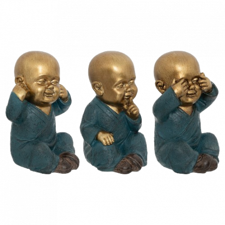 BOUDDHA, SET DE TRES FIGURAS EN RESINA DORADA